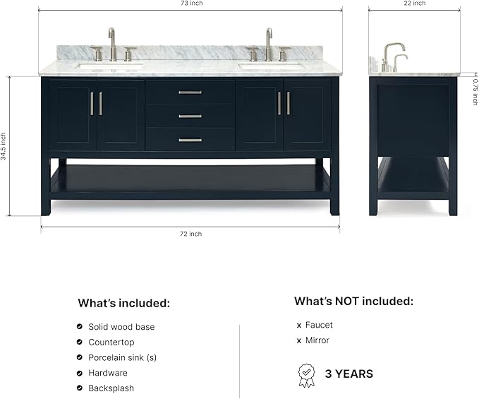 ARIEL Magnolia 72-inch Bathroom Vanity with Sink,Solid Wood, 0.75-inch Italian Carrara Marble Countertop, Double Rectangular Porcelain Sink, 4 Soft Closing Doors, 3 Dovetail Drawers, Midnight Blue