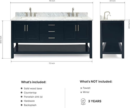 ARIEL Magnolia 72-inch Bathroom Vanity with Sink,Solid Wood, 0.75-inch Italian Carrara Marble Countertop, Double Rectangular Porcelain Sink, 4 Soft Closing Doors, 3 Dovetail Drawers, Midnight Blue