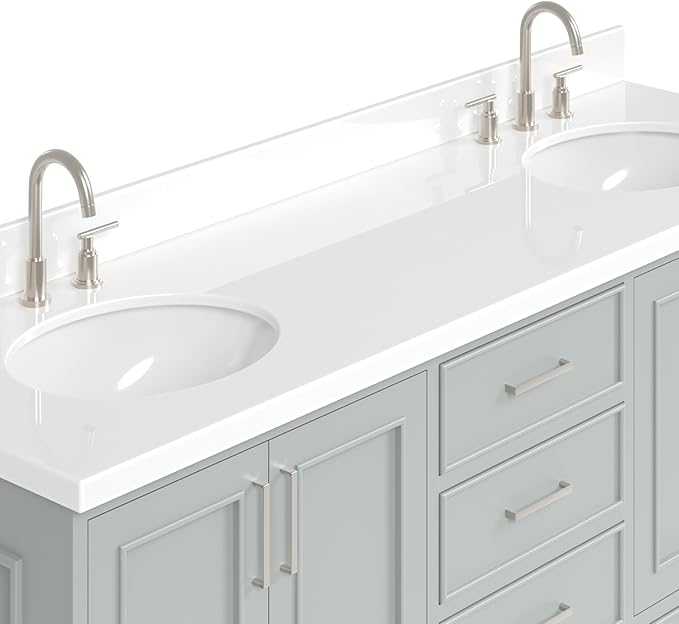 ARIEL Stafford 72-inch Bathroom Vanity with Sink,Solid Wood, 1.5-inch Pure White Quartz Countertop & Backsplash, Double Oval Porcelain Sink, 4 Soft Closing Doors, 6 Dovetail Drawers, Grey