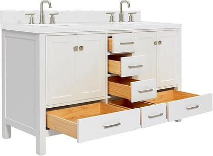 ARIEL Cambridge 60-inch Bathroom Vanity with Sink,Solid Wood, 1.5-inch Carrara White Quartz Countertop, Double Rectangular Porcelain Sink, 4 Soft Closing Doors, 6 Dovetail Drawers, White