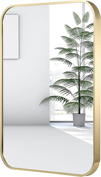 16x24 Inch Gold Bathroom Mirror, Brushed Brass Gold Metal Framed Rectangular Mirror with Rounded Corner, Wall Mounted Vanity Mirror for Bedroom or Living Room, Horizontal/Vertical