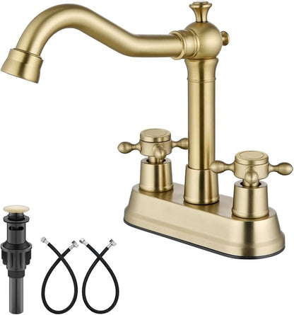 4 Inch Centerset Bathroom Sink Faucet 2 Handle Brushed Gold | Swivel Spout,Pop Up Drain,cUPC Hose,for 2 or 3 Hole Sink,Lavatory,Vintage,Farmhouse,RV,SUS304 Mixer Tap,Metal Cross Handle