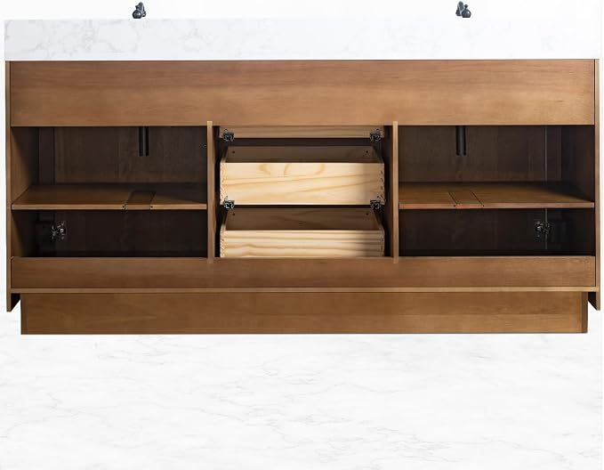 Vanity Art 72 inch Double Sink Bathroom Vanity, Modern Wood Bath Vanity with Carrara Marble Top, Vanity Cabinet with Doors, Removable Shelf, Solid Wood Frame, Tan, VA7072DE