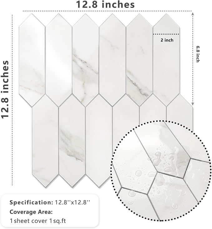 Vamos Tile 1 Sheet Glossy White Marble Backsplash Tile Peel and Stick, 12.8 x 12.8 Inch Long Hexagon PVC Self Adhesive Mosaic Wall Tiles Stick on Backsplash for Kitchen and Bathroom