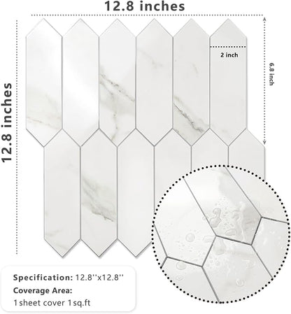 Vamos Tile 1 Sheet Glossy White Marble Backsplash Tile Peel and Stick, 12.8 x 12.8 Inch Long Hexagon PVC Self Adhesive Mosaic Wall Tiles Stick on Backsplash for Kitchen and Bathroom