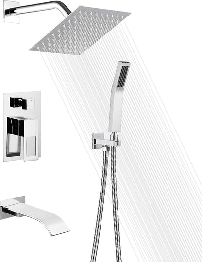 SUMERAIN Shower System with Waterfall Tub Spout, Chrome Finish | 3 Functions, 8" Rain Shower Head, Brass HandHeld Shower, Anti-scalding Pressure Balance Cartridge, Including Rough-In Valve