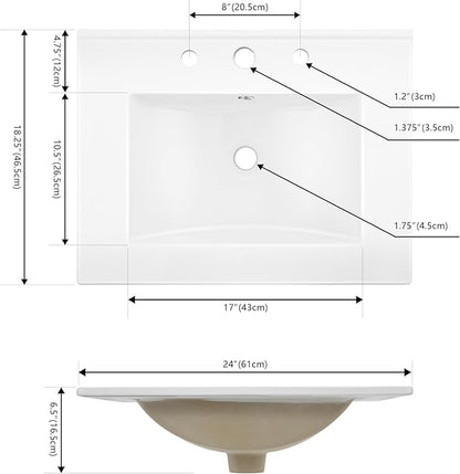 JONATHAN Y SNK1001A Ancillary 3-Hole 24 in. W x 18.25 in. D Classic Contemporary Rectangular Ceramic Single Sink Basin Vanity Top, White