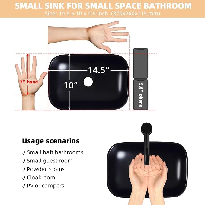 Black Vessel Sink 14.5"x10" Small Bathroom Sink Above Counter | 14 Inch Small Vessel Sink Black Ceramic Porcelain Bowl for Vanity Wash Basin Countertop Design