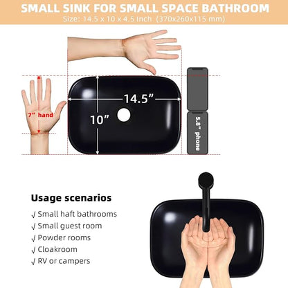 Black Vessel Sink 14.5"x10" Small Bathroom Sink Above Counter | 14 Inch Small Vessel Sink Black Ceramic Porcelain Bowl for Vanity Wash Basin Countertop Design