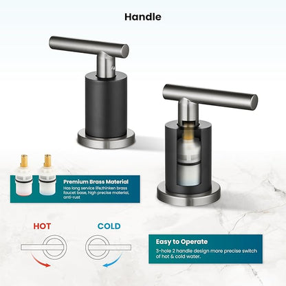 gotonovo 3 Hole 2 Handles Lavatory Basin Bathroom Sink Faucet with Pop Up Drain with Hot and Cold Mixer Valves 8 Inch Widespread Bathroom Faucet Black & Brushed Nickel