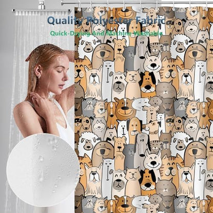 Cute Dog Cat Doodle Seamless Pattern Shower Curtain with Hooks 72 x 72 Inch
