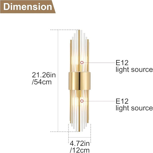 Modern Gold Crystal Wall Sconce, Gold Wall Light Vertical Rod Design，Vintage Looking Gold Metal Wall Sconce, for Living Room, Bedroom, Bathroom, Vanity, Staircase, Hallway