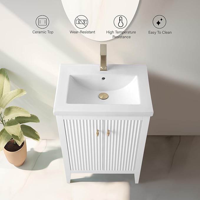 Vanity Art 24 inch Bathroom Vanity with Single Sink & Ceramic Top, Vanity Cabinet with Soft-Closing Door, Solid Wood Frame, Linear Pattern, White, Golden Brushed Handware VA9124-W-GB
