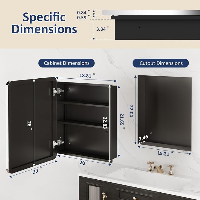 Medicine Cabinet Mirror 20x26 Inch, Chrome Bathroom Mirror Cabinet with Stepless Adjustable Shelves, Stainless Steel Frame, Bathroom Mirror with Storage Recessed or Wall Mount