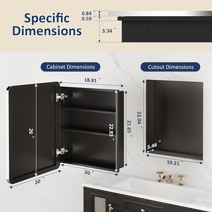 Medicine Cabinet Mirror 20x26 Inch, Chrome Bathroom Mirror Cabinet with Stepless Adjustable Shelves, Stainless Steel Frame, Bathroom Mirror with Storage Recessed or Wall Mount