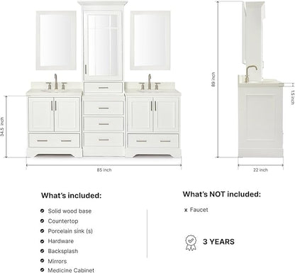 ARIEL Stafford 84-inch Bathroom Vanity with Sink,Solid Wood, 1.5-inch Pure White Quartz Countertop & Backsplash, Double Oval Porcelain Sink, 5 Soft Closing Doors, 6 Dovetail Drawers, White