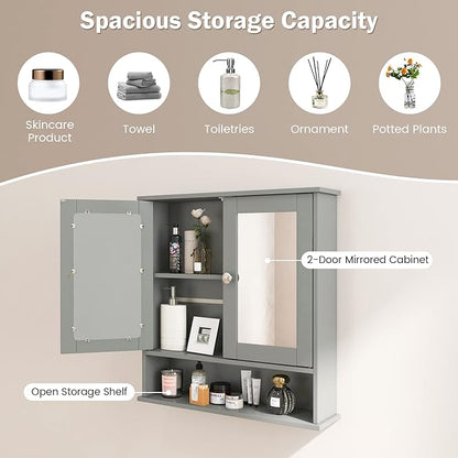 COSTWAY Bathroom Cabinet Wall Mount, Wooden Medicine Cabinet with 2 Mirror Doors, Adjustable Shelf, Open Compartment, for Laundry, Living Room, Kitchen, Gray