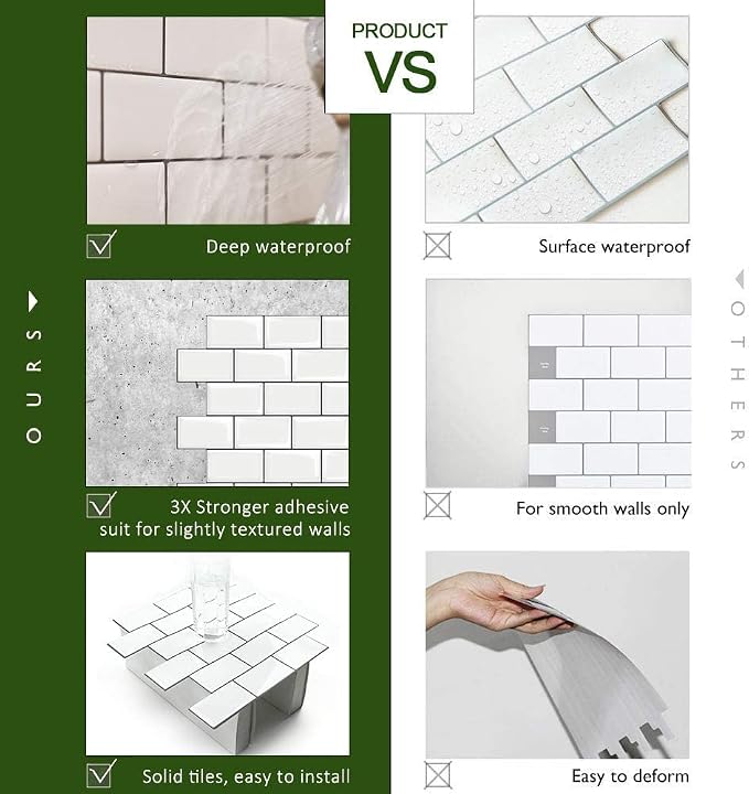 STICKGOO Subway Tile Peel and Stick Backsplash, Thicker Design 12" x 12" Stick on Backsplash Tiles for Kitchen, Bathroom, Wall Tile (5 Sheets, Warm White with Grey Grout)