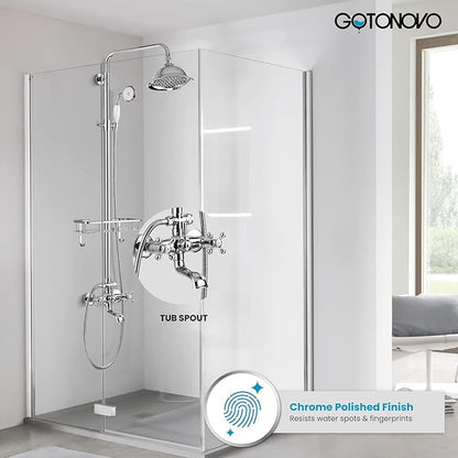 gotonovo Bathroom Exposed Shower Faucet Outdoor Shower System 8 Inch Rainfall Shower Head Set with Tub Spout and Handheld Spray Double Cross Handles Wall Mount with Shower Shelf Polished Chrome