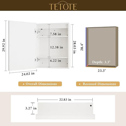 TETOTE 24 x 30 White Led Lighted Medicine Cabinet Mirror with 3-Color Lights, Wall Mount or Recessed Cabinet Mirror for Bathroom with Storage, Tempered Glass, 2 Outlets, Anti-Fog, Adjustable Shelf