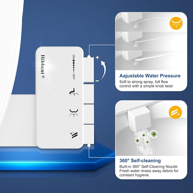 Hibbent 2 Pack Ultra-Slim Bidet Attachment for Toilet, Non-Electric Self Cleaning Bidet Toilet Seat, Adjustable Water Pressure Bidet Sprayer, Retractable Dual Nozzles for Rear & Feminine Wash