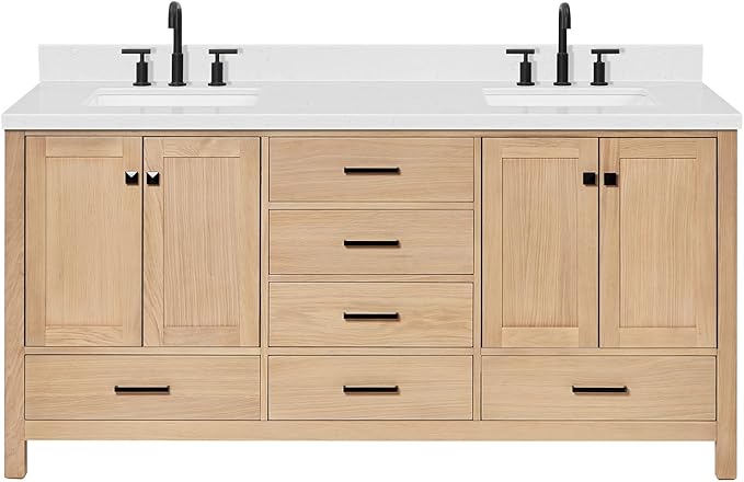 ARIEL 72 inch Double Bathroom Vanity top with Sink, 1.5 Inch Thick Miter Edge Carrara White Quartz top, Rectangle Double Sink Vanity top, Includes Backsplash