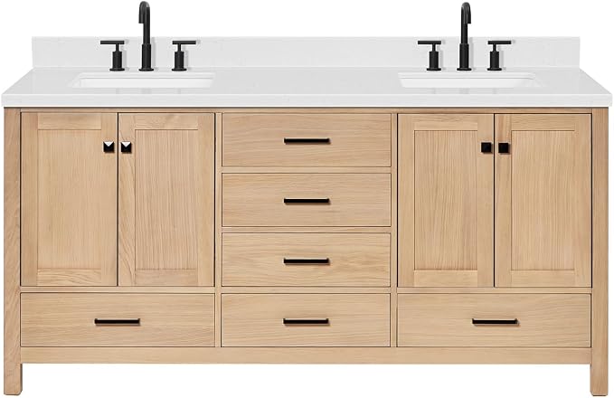 ARIEL Cambridge 72-inch Bathroom Vanity with Sink,Solid Wood, 1.5-inch Carrara White Quartz Countertop, Double Rectangular Porcelain Sink, 4 Soft Closing Doors, 6 Dovetail Drawers, White Oak