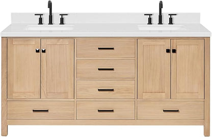 ARIEL Cambridge 72-inch Bathroom Vanity with Sink,Solid Wood, 1.5-inch Carrara White Quartz Countertop, Double Rectangular Porcelain Sink, 4 Soft Closing Doors, 6 Dovetail Drawers, White Oak