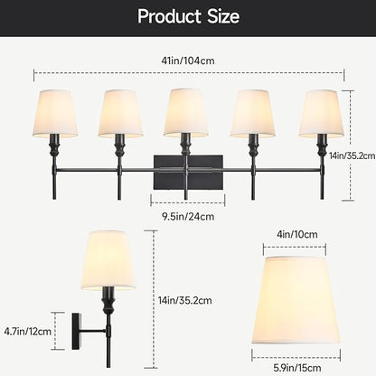 5-Light Vanity Lights for Bathroom,41 in Vintage Black Bathroom Vanity Light Fixtures,with Flared White Fabric Lampshade for Bedroom,Living Room,Foyer,Hardwired,E12 Base