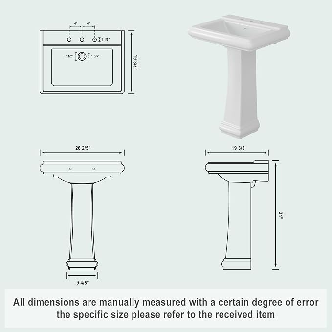 Pedestal Sink Square Ceramic Basin with 8 inch 3-Hole Installation, Spacious Bathroom Sink for Home Vanity Projects, Elegant Pedestal Style for Bathroom Remodels