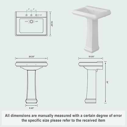 Pedestal Sink Square Ceramic Basin with 8 inch 3-Hole Installation, Spacious Bathroom Sink for Home Vanity Projects, Elegant Pedestal Style for Bathroom Remodels