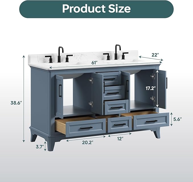 60 Inch Bathroom Vanity Double Sink, Fully Assembled Solid Wood Frame Double Sink Bathroom Vanity with Soft Closing Doors & Full Extension Dovetail Drawers, Quartz Top, Steel Blue