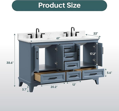 60 Inch Bathroom Vanity Double Sink, Fully Assembled Solid Wood Frame Double Sink Bathroom Vanity with Soft Closing Doors & Full Extension Dovetail Drawers, Quartz Top, Steel Blue