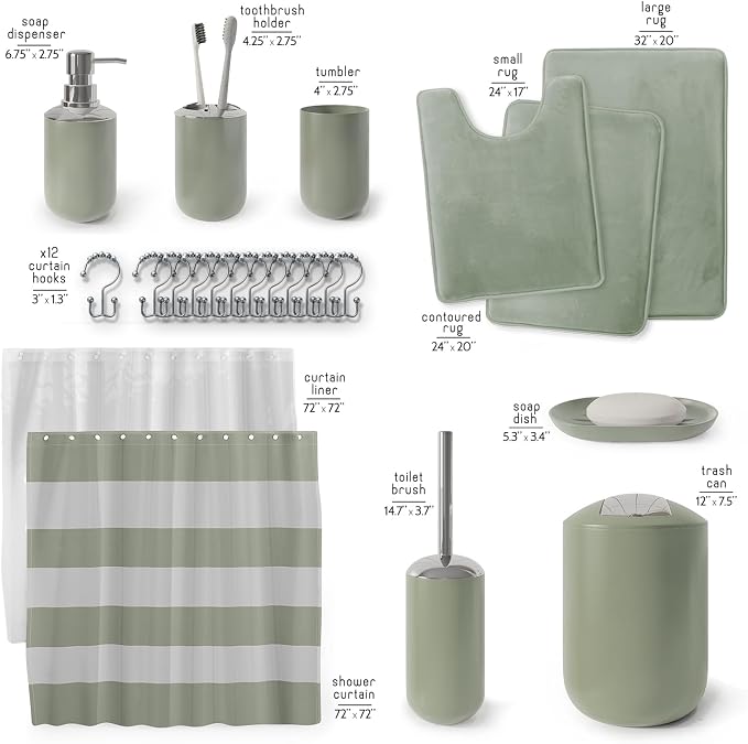 Clara Clark Bathroom Set - Sage Green Bathroom Accessories Set, Bathroom Sets with Shower Curtain and Rugs, 23PC Shower Curtain Set with Liner, Soap Dispenser, Soap Dish, and Toilet Brush Holder