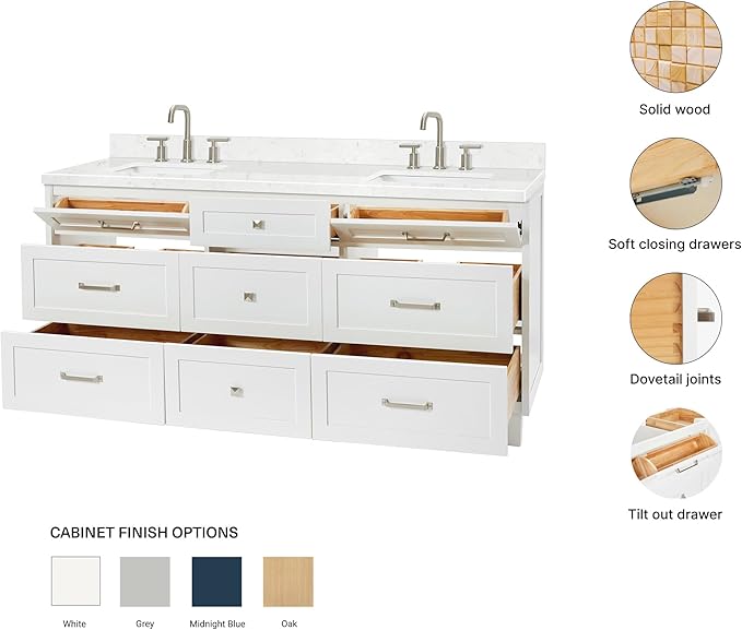ARIEL Monroe 72-inch Bathroom Vanity with Sink,Solid Wood, 1.5-inch Carrara White Quartz Countertop & Backsplash, Double Oval Porcelain Sink, 9 Dovetail Drawers, Brushed Nickel, White