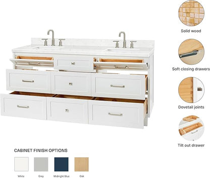 ARIEL Monroe 72-inch Bathroom Vanity with Sink,Solid Wood, 1.5-inch Carrara White Quartz Countertop & Backsplash, Double Oval Porcelain Sink, 9 Dovetail Drawers, Brushed Nickel, White
