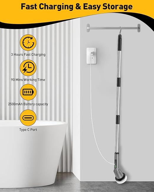 Electric Spin Scrubber for Bathroom, Shower Scrubber with Long Handle | Shower Cleaner Brushes, IPX7 Waterproof & 2 Speed, 8 Brush Heads, 90min Runtime, Bathroom Cleaning Supplies for Toilet Tub