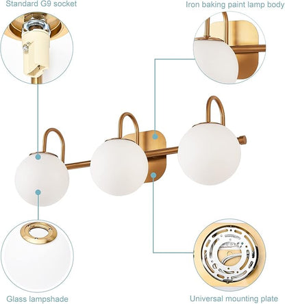 Modern Bathroom Vanity Light Fixtures 3 Lights Brushed Brass Frame and Milk White Glass Globe Shade Modern Wall Sconce Lighting Bath Vanity Lights Bar Over Mirror (Exclude G9 Bulb)