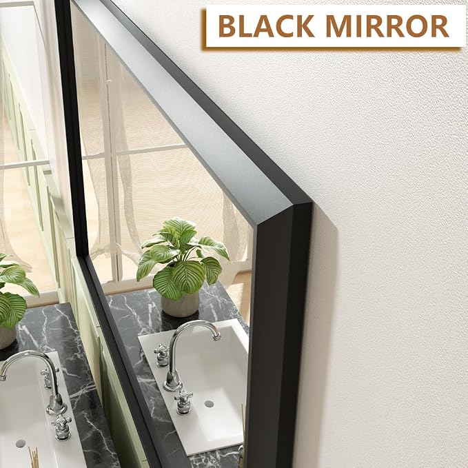 SMIROR 50x40 Matte Black Bathroom Vanity Mirror for Over Sink | Metal Wide Frame, Rectangle, Right- Angle Corner, Anti-Rust, Horizontally or Vertically Wall- Mounted for Home Remodel