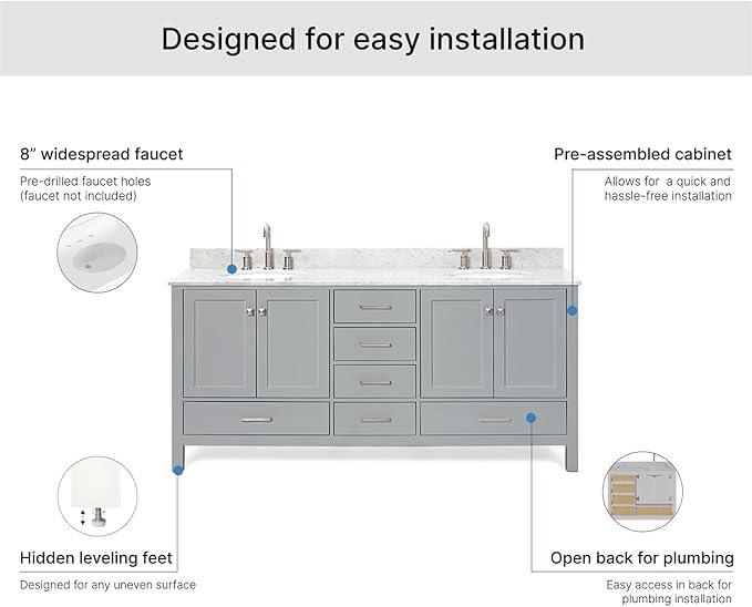ARIEL Cambridge 72-inch Bathroom Vanity with Sink,Solid Wood, 0.75-inch Italian Carrara Marble Countertop & Backsplash, Double Oval Porcelain Sink, 4 Soft Closing Doors, 6 Dovetail Drawers, Grey