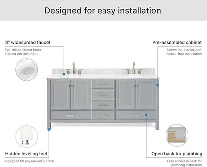 ARIEL Cambridge 72-inch Bathroom Vanity with Sink,Solid Wood, 0.75-inch Italian Carrara Marble Countertop & Backsplash, Double Oval Porcelain Sink, 4 Soft Closing Doors, 6 Dovetail Drawers, Grey