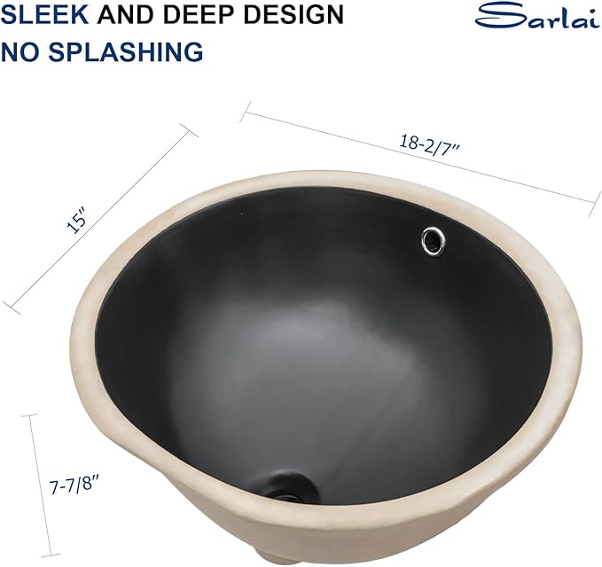 Sarlai Black Undermount Bathroom Sink -18 x15 inch Oval Vessel Sink Under counter Lavatory Sink Black Ceramic Vanity with Overflow, Modern Art Basin, Interior Dimension 16-1/7 x 13 Inch