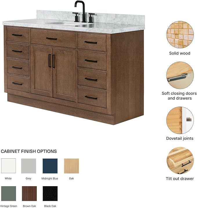 ARIEL Hepburn 60-inch Bathroom Vanity with Sink,Solid Wood, 1.5-inch Italian Carrara Marble Countertop, Single Rectangular Porcelain Sink, 2 Soft Closing Doors, 9 Dovetail Drawers, Brown Oak