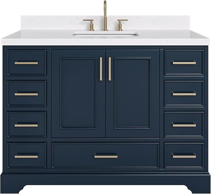 Langford 48-inch Midnight Blue Bathroom Vanity with Center Rectangle Single Sink, Carrara White Quartz Countertop & Backsplash, Solid Wood Frame, Soft-Closing & Dovetail Drawers