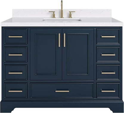 Langford 48-inch Midnight Blue Bathroom Vanity with Center Rectangle Single Sink, Carrara White Quartz Countertop & Backsplash, Solid Wood Frame, Soft-Closing & Dovetail Drawers