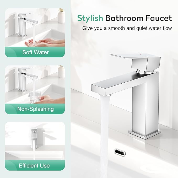 Faustina Polished Chrome Bathroom Faucet, Single Handle Stainless Steel Bathroom Vanity Faucet with Metal Pop-Up Drain and Deck Plate for 1 or 3 Hole