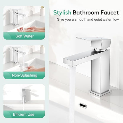 Faustina Polished Chrome Bathroom Faucet, Single Handle Stainless Steel Bathroom Vanity Faucet with Metal Pop-Up Drain and Deck Plate for 1 or 3 Hole