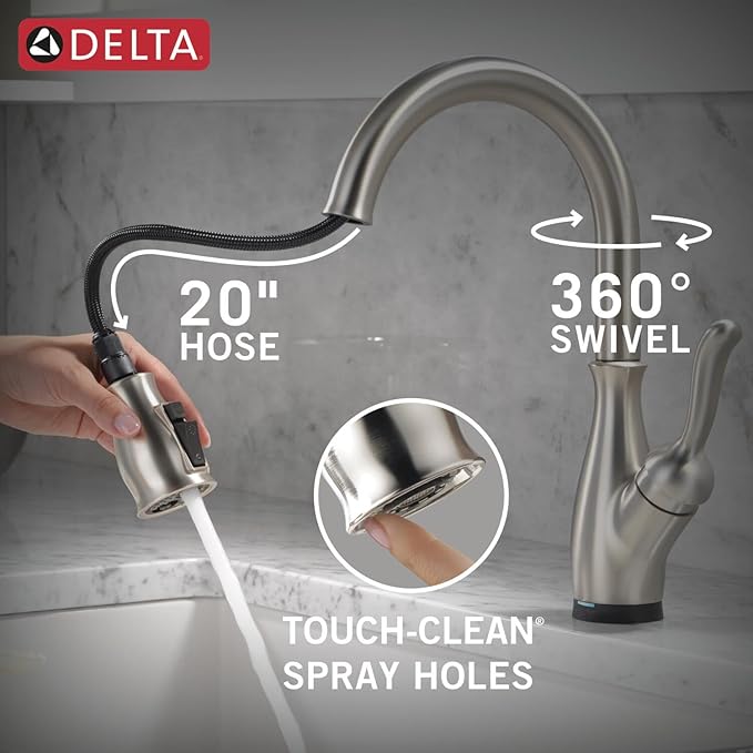 Delta Leland Touchless Kitchen Faucet with Touch Technology, Brushed Nickel Kitchen Sink Faucet with Pull Down Sprayer, Single Hole, SpotShield Stainless 9178TL-SP-DST