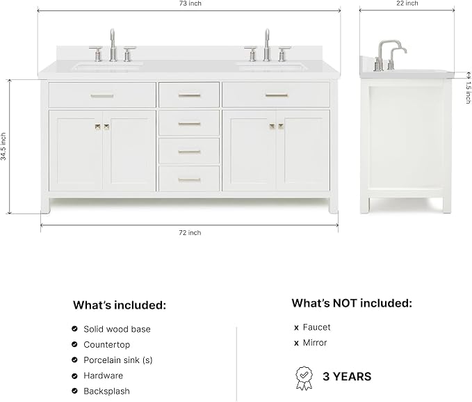 ARIEL Bristol 72-inch Bathroom Vanity with Sink,Solid Wood, 1.5-inch Pure White Quartz Countertop & Backsplash, Double Rectangular Porcelain Sink, 4 Soft Closing Doors, 4 Dovetail Drawers, White