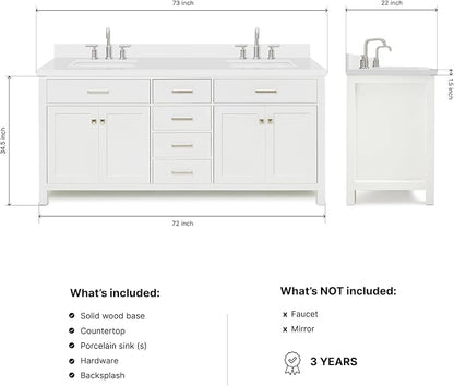 ARIEL Bristol 72-inch Bathroom Vanity with Sink,Solid Wood, 1.5-inch Pure White Quartz Countertop & Backsplash, Double Rectangular Porcelain Sink, 4 Soft Closing Doors, 4 Dovetail Drawers, White